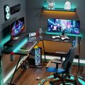 Customized 55 inch L-Shaped Gaming Computer Desk with Monitor Stand Home Office Corner Desk Black & Brown. 