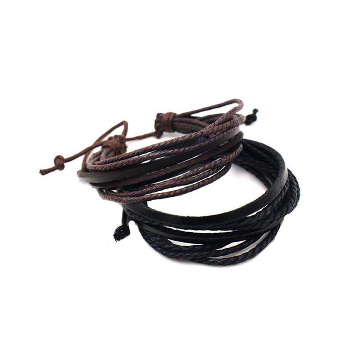 2 Pcs Set - Leather Bracelet Multilayer - Bead Hand Bracelets Wristband - Black and Brown Attraction Friendship and Love Couple Hand Band For Ladies Girls Women Couples - Best Friend Ship Girl Bangle