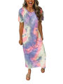 2021 Women's Summer Loose Maxi Dress, Casual Round Neck Short Sleeve Pocket Long Dress with Side Slit. 