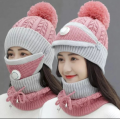 3PCS Womens Winter Warm Scarf Knitted Hat Mask With Filter Set Fashion Thickened Face Cover  For Men Women. 