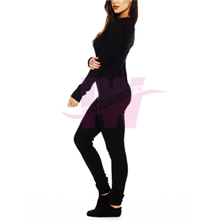 Women Ladies Girls Premium Full Body Suit Thermal Body Warmer Skin Tight Stretchable Innerwear Winter Warm Long Johns Trouser Pajama Full Sleeve Shirt Black