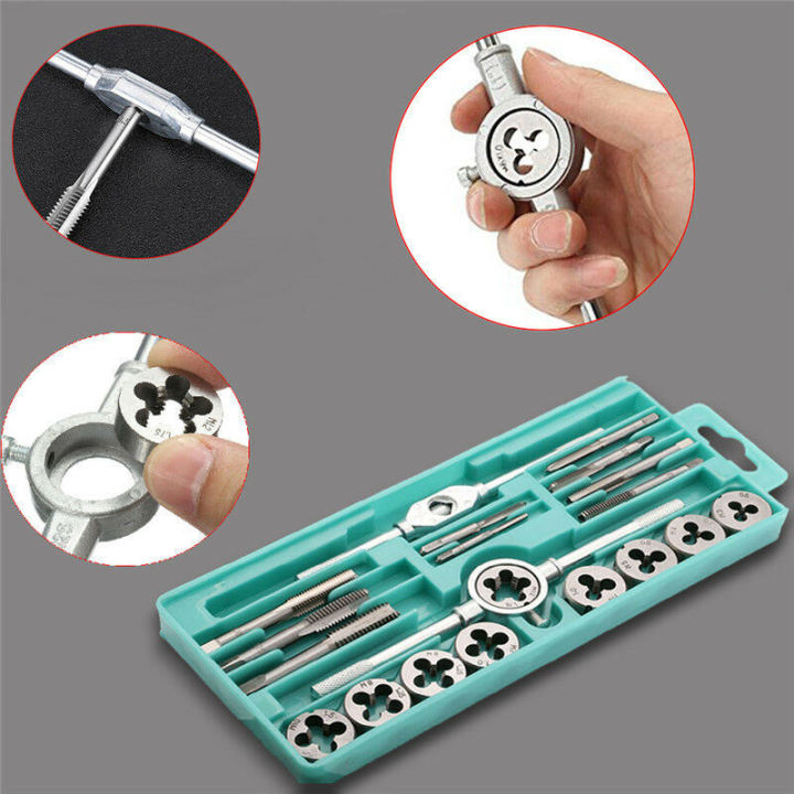 20 Piece Metric Tap and Die Set Manual Tooth Opener Alloy Steel Die Set with Green Storage Case Tapping Thread Cutting Kit for Garage, Metric Thread Tap (Specification x pitch)
