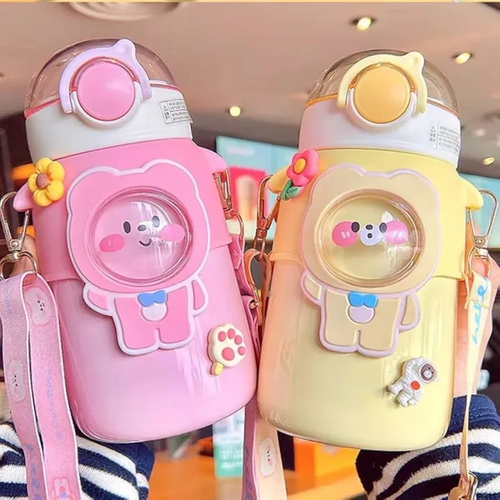 Cute Cartoon Bear Water Bottle With Straw & Strap Kids Sipper Water ...
