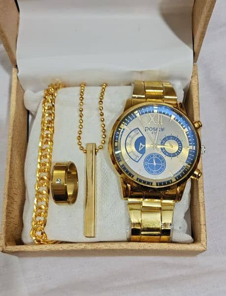 Pack of 4 Golden Watch, Chain Bracelet, Ring, Bar Locket Set for Men/Boys With box
