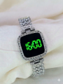 Diamond Digital Touch Screen LED Watch For Girls With Bracelet - Wrist Watches in Round and Square Dial For Women's With Diamond Stainless Steel Chain - Ladies Silver Jewellery Watches. 
