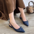Women's Slingback Bow Flats - Pointed Toe Patent Finish - Navy & Beige. 