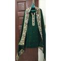 Stitched Bottle Green Fancy Embroidery Dress with Heavy Embroidered Bordered Dupatta + Trouser. 