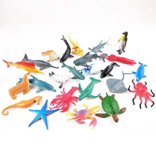 19 Pcs - Ocean Creatures Mini Sea Animal Kingdom Toy Set - For Kids Boys Girls Baby Toys Silicone Rubber Fish Action Figure Under Water Character World Wild Animals Jungle Zoo - Tiny Big Large Size