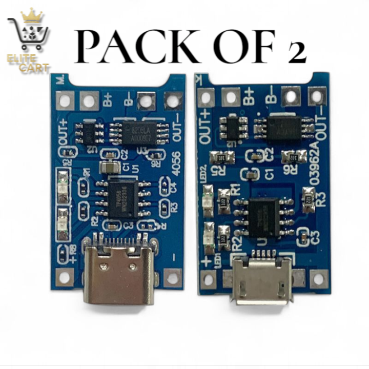 TP4056 Charging Module | Type-C + Micro USB 5V 1A Lithium Battery Charger Board with Protection | 18650 Li-ion 3.7V Cell BMS Fast Charging Circuit | DIY Power Bank Solar LED Light Robotics IoT Projects Battery Management Module in Pakistan