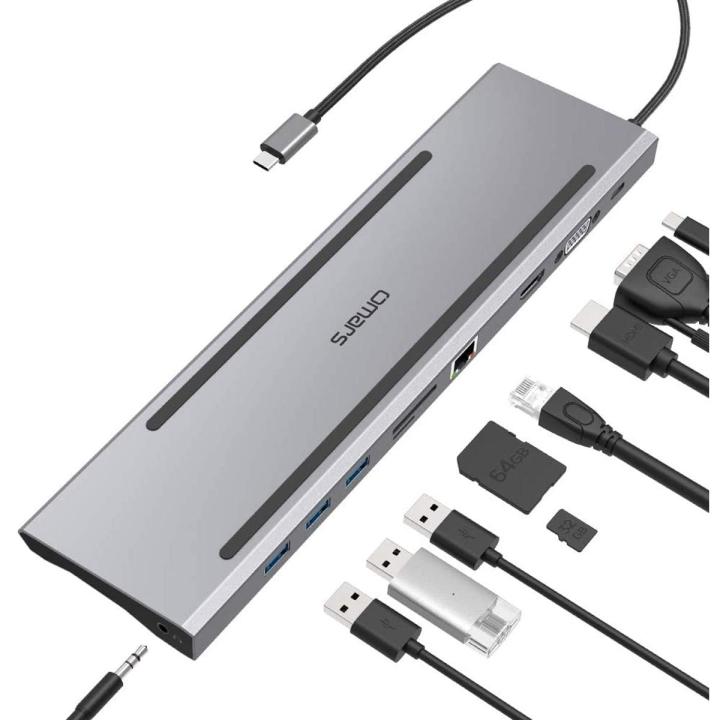 Omars USB C Hub Adaptors Slim 10 in 1 Adapter with Type C Dock, USB C HUB 3 USB 3.0 Ports, 4K HDMI, VGA, Ethernet LAN, SD/TF Card Slot, 3.5mm Audio for Mac Book Pro, Huawei, Samsung S8/S9 and More