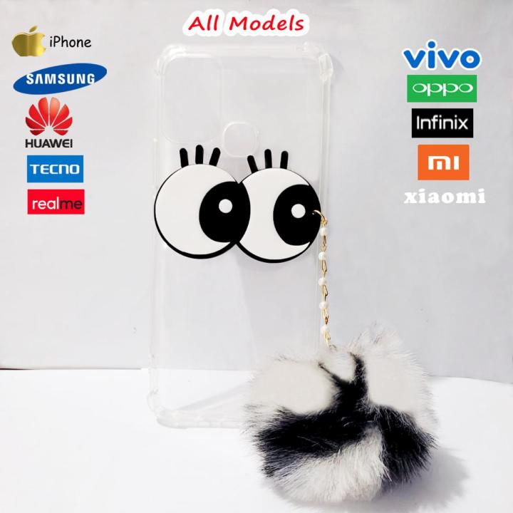 Any Model Samsung Infinix Vivoo Oppoo Huawei Realmee Reno Tecno & Apple_iPhone Back Cover For Girls Fancy Case - 2GudFncyEyesBlackWht  Ladies Mobile Cover Case Pouch & Fluffy Wool Pom Pom Eyes -   Anti Shock Corner Bumper Air Bag Soft  - Black White