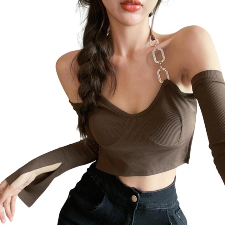 Women’s Casual Long Sleeve T-shirt Fashion Solid Color Boat Neck Exposed Navel Chain Halter Tops