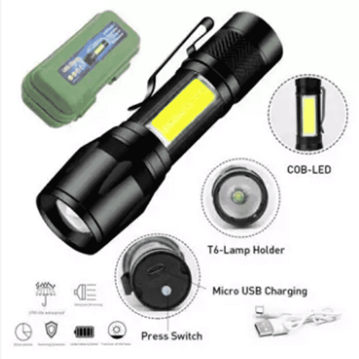 USB Rechargeable Waterproof Zoomable LED Flashlight Torch Tial Clip - Flashlight Rechargeable Telescopic Zoom Torch Mini LED Light & Cable