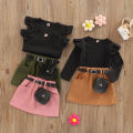 Baby Girl Clothes Set, Solid Color Long Sleeve Crew Neck Ruffle Tops + Elastic Waist A-Line Skirt + Pendant Bag. 