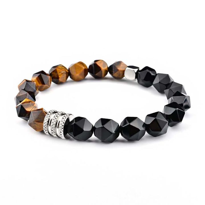 High Quality Tiger Eye Agate 10mm Faceted Stone Bracelet Stainless Steel Lucky Men's Beaded Bracelet