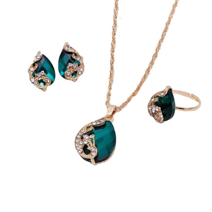 Women Rhinestone Peacock Pendant Necklace Earrings Ring Jewelry Set