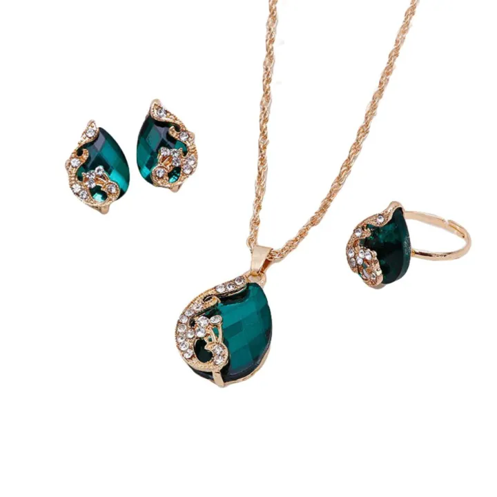 Women Rhinestone Peacock Pendant Necklace Earrings Ring Jewelry Set