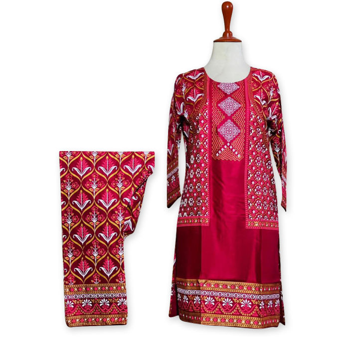 Trendy 3D Summer Arabic Lenin 2 Piece Stitched Suit for Women and Girls