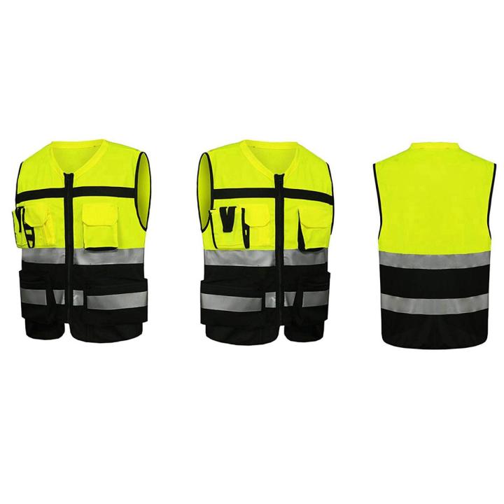 OIMG 2 Pcs 7 Pockets Class 2 High Visibility Zipper Front Safet Yellow Vest With  Reflective Strips X & Xl
