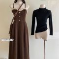 Corduroy slip dress, women's autumn and winter, French temperament, high-end coat, with a long skirt to cover the belly, celebrities. 