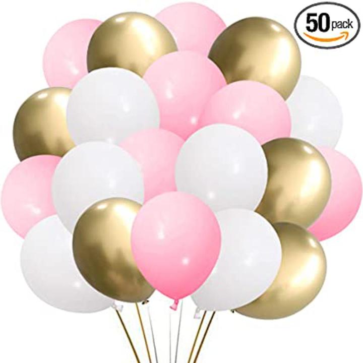 Pack of 50 (20 Pink + 20 White + 10 Golden Latex Balloons ) High Quality latex baloons for Birthday Balloons 14 Inch Pink and White Theme Birthday Party, Decoration, Weddings, Welcome/Kids Party Balloon.