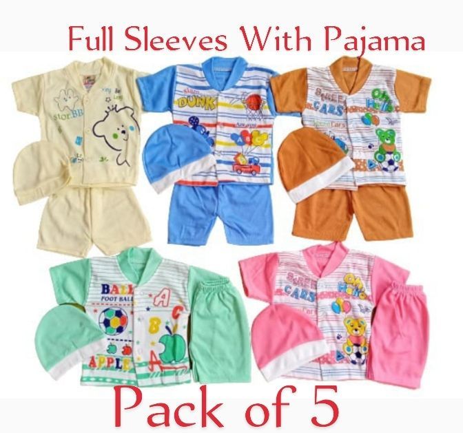 5 Suits for Born Baby - Shirt and Pajama and Cap - Cotton Stuff - Summer Collection - Multicolors - Baby Clothes - Best Quality