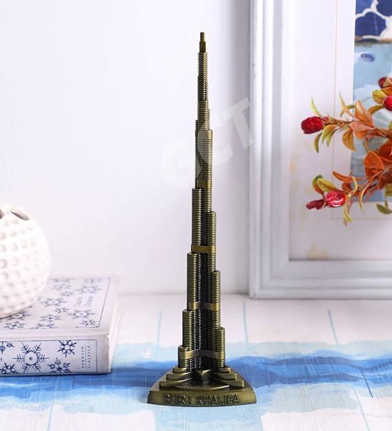 Dubai Burj Khalifa Souvenir Gold Metal Statue Sculpture (12cm) Collectible Monument Decorative Showpiece for Car Dashboard | Office Workstation Desk | Home Décor Tabletop