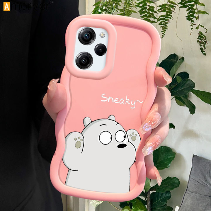 AMORVOR for Xiaomi Poco X5 Pro 5G Back Cover Cute White Bear Pattern Luxury Phone Case Macaron Wave Soft Silicone Mobile Cover