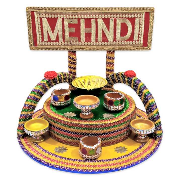 Fancy -Mayon rasam thaal, customized/handcrafted-Mehndi decoration items, for wedding-stylish, unique & fancy-rasam plates-bride, groom decoration mehndi thaal / rasam tray ,for mayo,dholki,mehndi | Round shape S=| 16x16x12 | inches”