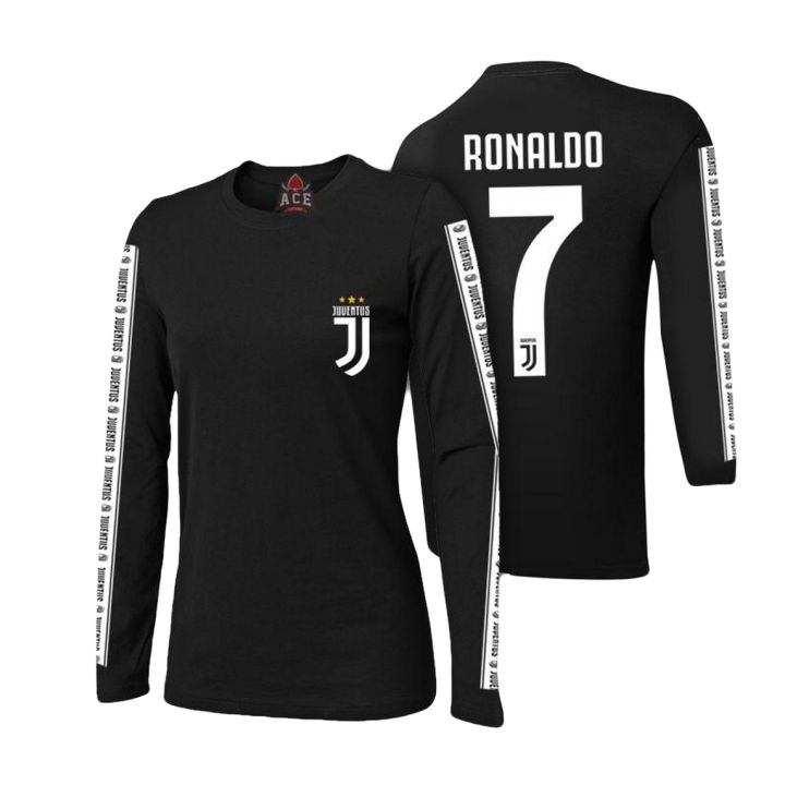 ACE-Full Sleeves Black Ronaldo 7 Number Juventus Cotton Printed Tape T Shirt for Him