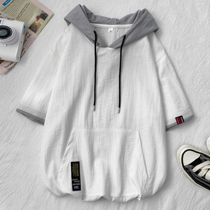 Short hoodie for summer fashion label loose fitting men's top, half sleeved shirt, t-shirt