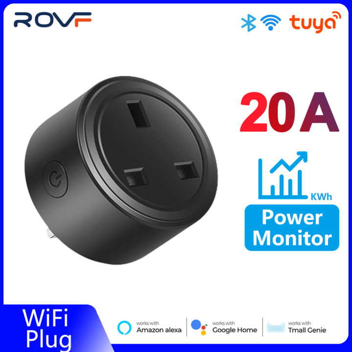 ROVF - 3 Pin Smart Wifi Plug - Wall Socket Switch - 16A/20A - UK Plug - Power monitor Remote Control - Work for Tuya Alexa Google Home Assistant