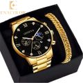 Enacolor 2Pcs/Set Elegant Gold Metal Steel Strip Chain Bracelet Quartz Watch Set Fashion Casual Accessories Business Men Gift. 