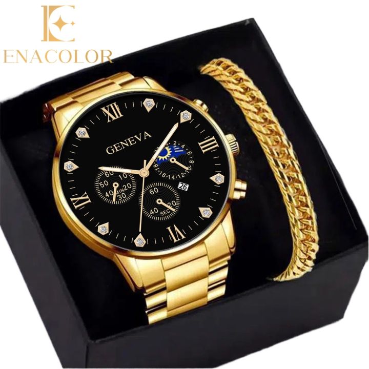 Enacolor 2Pcs/Set Elegant Gold Metal Steel Strip Chain Bracelet Quartz Watch Set Fashion Casual Accessories Business Men Gift