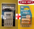 Original Camelion AA/AAA 1.2v 4 Battery Cell Charger Travel Adapter + Rechargeable Sony AA Cell Pair.. 