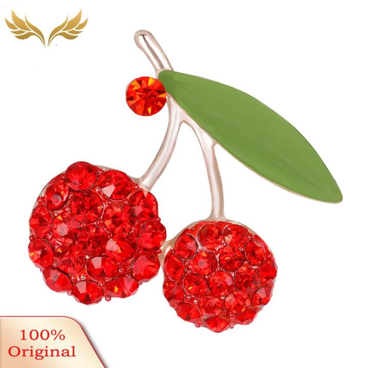 Women's Gorgeous Cute Red Rhinestone Cherry Leaf Fruit Brooch Pin Accessory