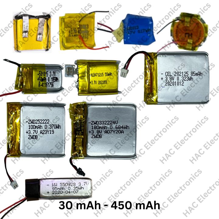 3.7V 30 mAh / 40 mAh / 50 mAh / 55 mAh / 85 mAh / 95 mAh / 100mAh / 180 mAh / 260 mAh / 300 mAh / 350 mAh / 380mAh / 400 mAh / 440 mAh / 450 mAh Lithium Ion Batteries For Earbuds, Ear dots, Earbuds Case DIY Projects etc - HAC Electronics