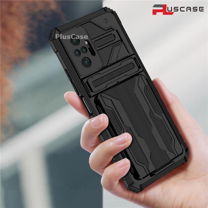 PlusCase for Xiaomi Redmi Note 10 Pro Case Card Slot Holder Lens Protect Casing Kickstand Shockproof Phone Back Cover