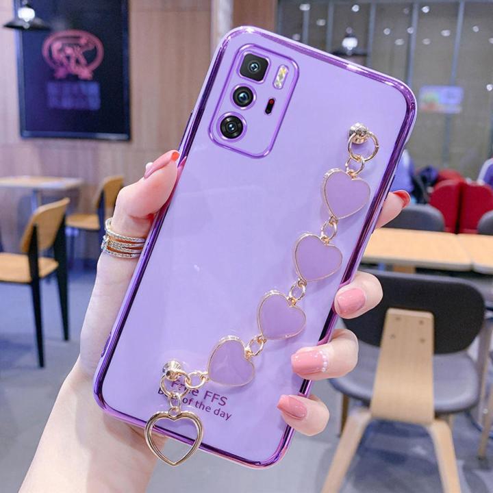 For Xiaomi POCO X3 GT Back Cover + Love Heart Bracelet Luxury Glossy Shiny Plating Bumper Ladies Case Soft Silicone Protective Phone Cases
