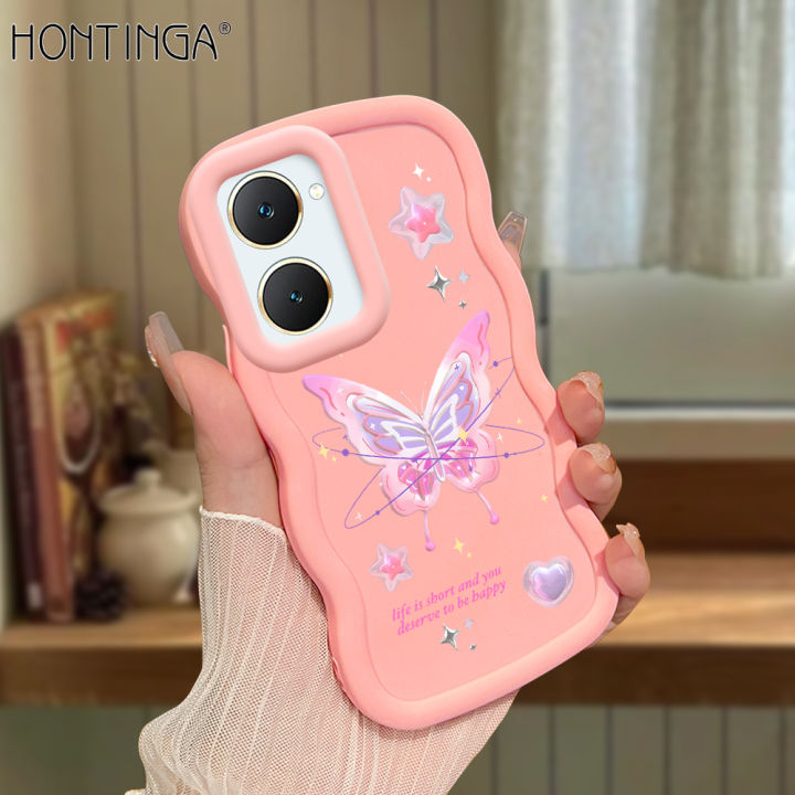 Hontinga for Vivo Y03 Y18 Y18E Y18S Back Cover Pink Butterfly Pattern Luxury Phone Cover Soft Silicone Macaron Wave Mobile Case