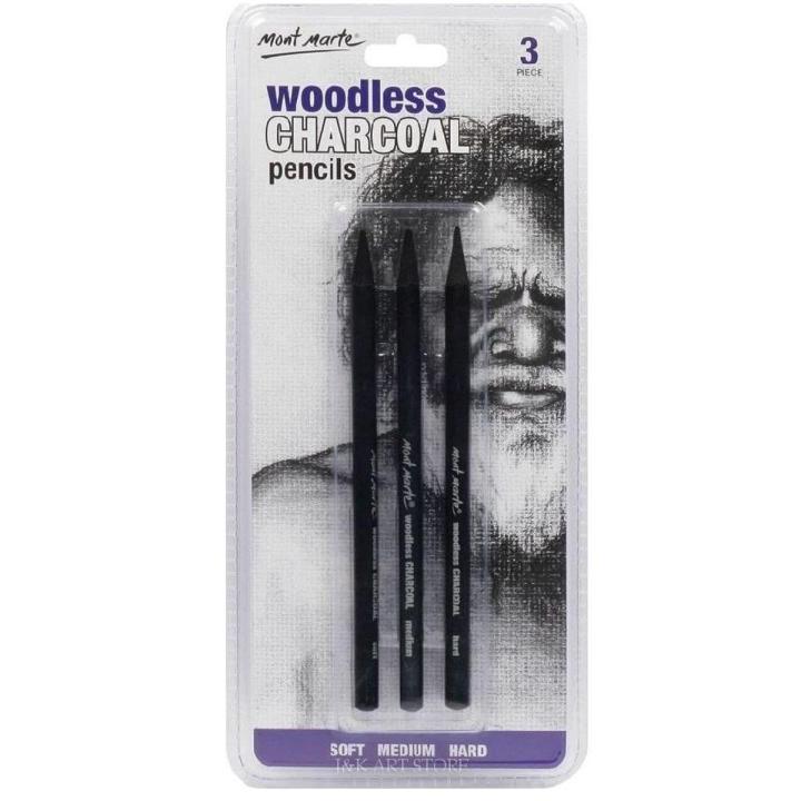 Mont Marte 3 Pieces Set Woodless Charcoal Pencils,Artists Charcoal Set (Soft,Middle,Hard) For Sketching And Drawing