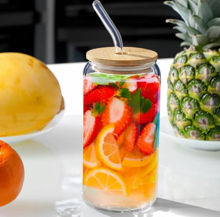 Drinking Glasses Round Shaped Glass Cups with Bamboo Lids and Glass Straws for Beer Iced Coffee Wine Cocktail,Glass with glass straw and wooden lid, coffee glass, milk glass, juice glass -Imported high quality - cups for tea - tea cup - coffee mug