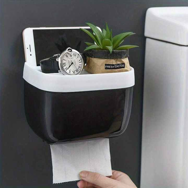 Bathroom Organizer, Plastic Toilet Paper Holder, Self Adhesive Wall Mounted Toilet Paper Box with Tray, Bathroom Supplies Organizer Box