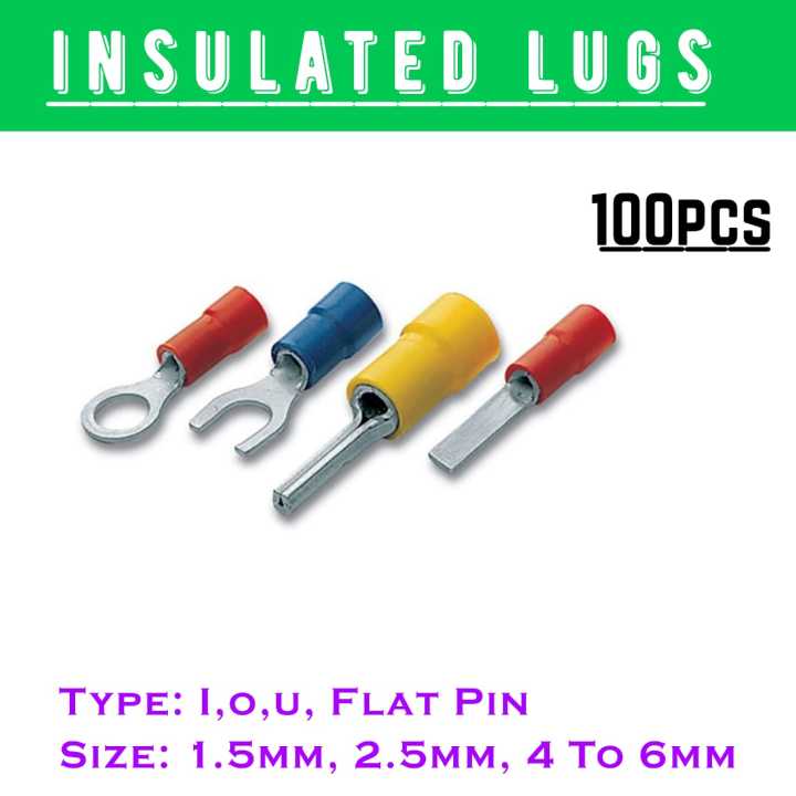 100pcs Insulated lugs,  thimble, control thimbles, Ring Cable lugs, wire Terminals, I type, O type, U type, Flat Pin type. Sizes. 1.5mm, 2.5mm, 4 to 6mm.