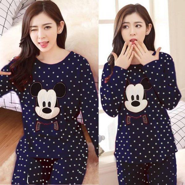 Polka Dotted & Micky Printed Night Suit For Women