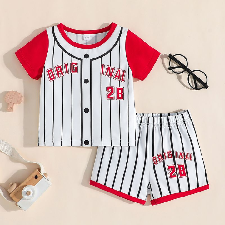Terno For Kid Boy 6 Months - 3 Years old Striped Baseball Uniform Short Sleeve tshirt and Shorts Outfit Toddler Infant Clothing Set Fashion Kids Wear Ootd For Newborn Baby Boy