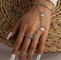 Fashion Heart Pendant Chain Bracelet -Link Connected Gold Metal Wide Finger Ring Bracelets -Women Link Hand Harness Jewelry. 