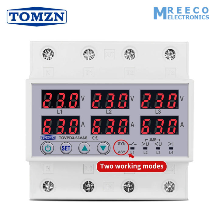 Original Tomzn Voltage Protector TOVPD3-63VAS 3 Phase 63A Din rail adjustable Over Under Voltage current limit protection Relay Protector SYN ASYNC Synchronous Asynchronous