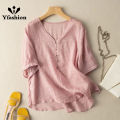 Women Cotton Linen Tops Retro Loose Solid Color Blouse Elegant V Neck Pullover Short Sleeves Shirt. 
