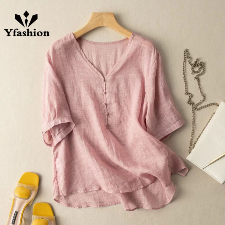 Women%20Cotton%20Linen%20Tops%20Retro%20Loose%20Solid%20Color%20Blouse%20Elegant%20V%20Neck%20Pullover%20Short%20Sleeves%20Shirt%20-%20Image%202